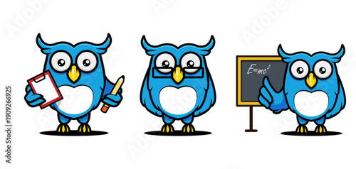 Set of cute wise owl mascot illustration.