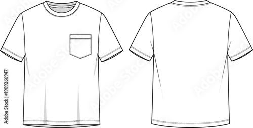 Pocket crew neck t shirt technical flat sketch showing clean front and back views for casual apparel mockup template