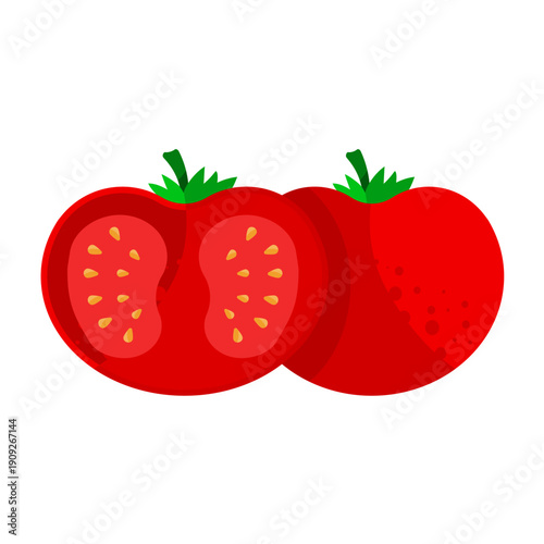 Whole and half of red tomato flat vector illustration isolated