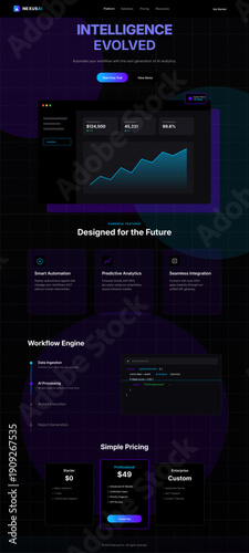 "A sophisticated and futuristic dark-mode landing page design for an AI growth platform. The aesthetic is defined by deep navy and obsidian tones, punctuated by vibrant neon cyan and purple glows. 
