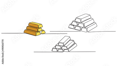 Set of gold bars one line continuous drawing. Money investment and finance.one line icon illustration in white Background