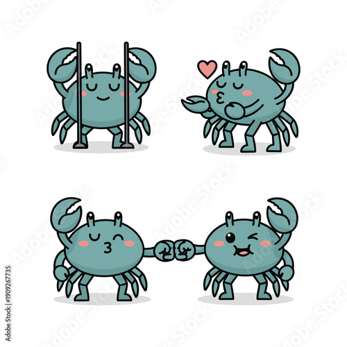 Cute cartoon crabs showing love and togetherness in various poses with copy space