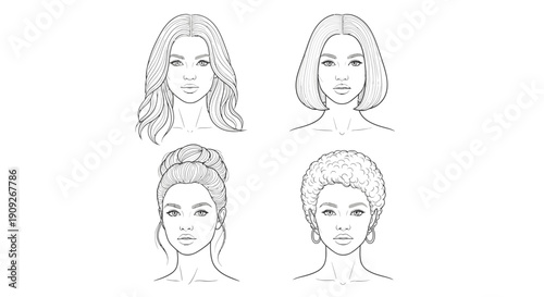 Diverse Female Hairstyles: Line Art Portraits of Women with Different Haircuts
