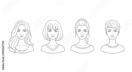 Diverse Female Hairstyles: Line Art Portraits of Women with Different Haircuts