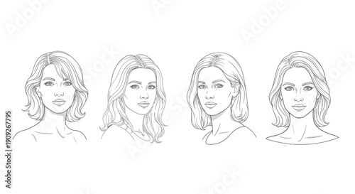 Diverse Female Hairstyles: Line Art Portraits of Women with Different Haircuts
