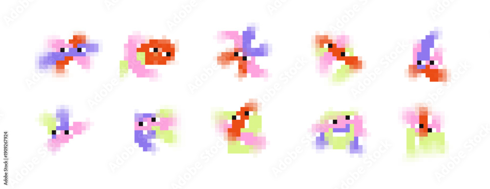Fototapeta premium Pixelated Blurry Cute Blob Characters and Abstract Sticker Set