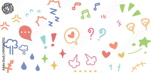 パステルカラーの手描き風ゆるかわ感情アイコン＆リアクション記号セット｜吹き出し・ハート・音符・汗・怒りマークなどSNSや動画装飾に使えるポップ素材集