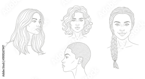 Diverse Hairstyles Collection: Line Art Portraits of Women with Different Hair Types and Styles
