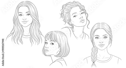 Diverse Hairstyles Collection: Sketch Portraits of Young Women with Different Haircuts and Styles