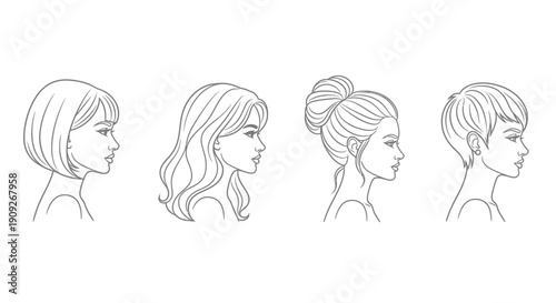 Diverse Hairstyles Collection: Woman's Profile Views with Various Haircuts
