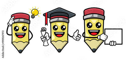 Set of cute pencil mascot illustration.