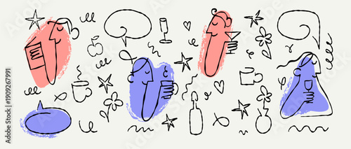 Minimalist People Relaxing Doodle Set, Shaky Line Characters Drinking Coffee and Reading