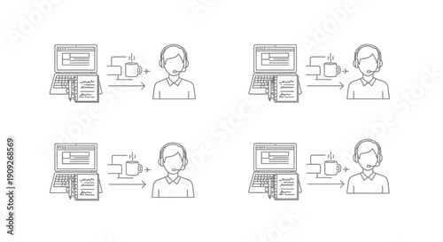 Customer service agent with headset and laptop, coffee break concept