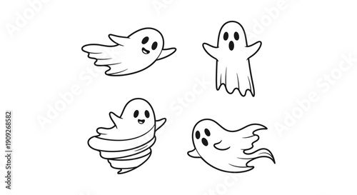 Cute Cartoon Ghosts Collection, Hand-Drawn Halloween Characters, Vector Illustration