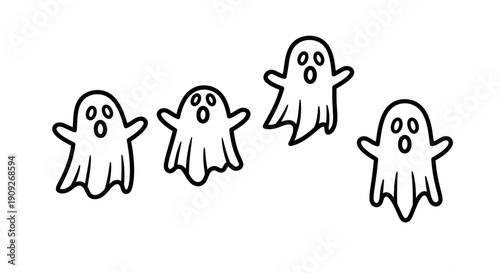 Cute cartoon ghosts floating, Halloween illustration, simple line art, white background