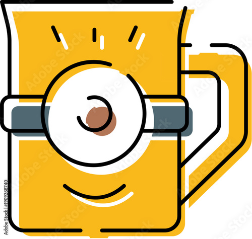 Yellow stylized mug with an eye goggle and a cheerful smile, forming an imaginative character for morning routines, drinkware concepts, and playful branding