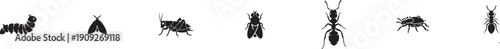 Insects silhouettes including caterpillar, moth, cricket, fly, ant, beetle