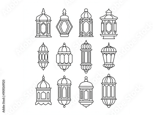 Islamic lantern line art collection, set of twelve traditional Arabic lamps for Ramadan and Eid decoration