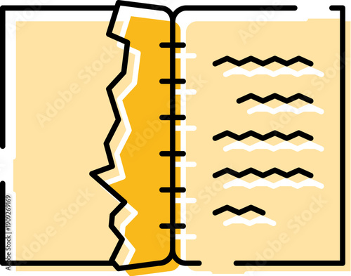 Open spiral notebook with a ripped page, depicting loss of memories, data, or critical information, relevant for concepts of damaged documentation, mistakes, or forgetfulness