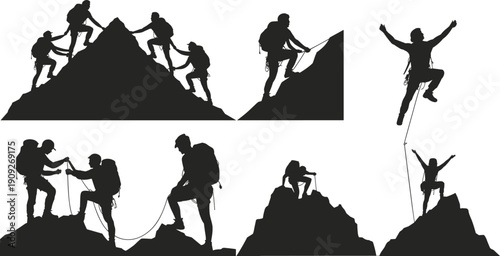 Mountain Climbing Teamwork Silhouette Illustration Set Showing Hikers and Climbers Using Ropes to Reach Summit Symbolizing Leadership Adventure and Success Isolated on White Background