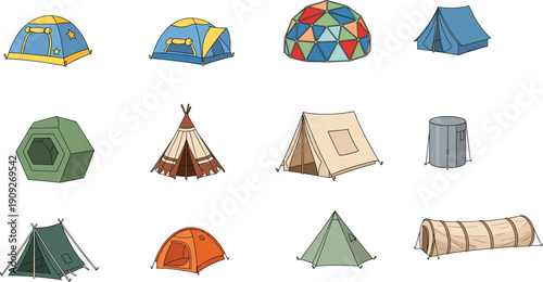 Camping tent collection featuring outdoor shelters dome teepee travel campsite adventure tourism vector illustration isolated recreational equipment design set