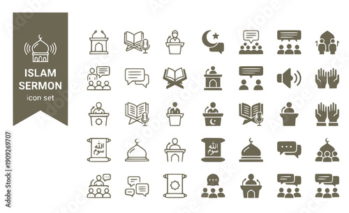 Islam Sermon Khutbah Friday-Sermon Mosque-Sermon Religious-Speech Sermon-Delivery Islamic-Khutbah Vector Icon Set - Islamic Sermon