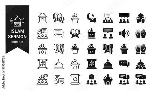 Islam Sermon Khutbah Friday-Sermon Mosque-Sermon Religious-Speech Sermon-Delivery Islamic-Khutbah Vector Icon Set - Islamic Sermon