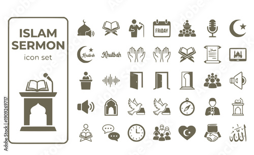 Islam Sermon Khutbah Friday-Sermon Mosque-Sermon Religious-Speech Sermon-Delivery Islamic-Khutbah Vector Icon Set - Islamic Sermon
