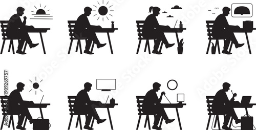 Black silhouette of people sitting at desks working on computers or relaxing black silhouettes people working