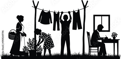 Black silhouette of family engaged in gardening laundry and writing at rural farmhouse homestead