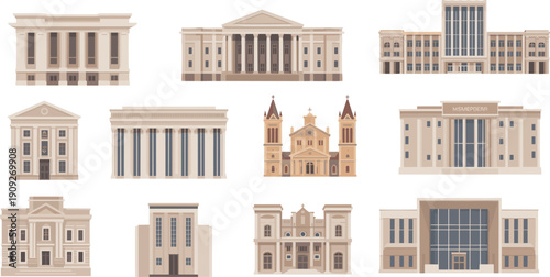 Classic architecture buildings collection illustration, historic government museum university facades set, institutional landmarks isolated, urban heritage construction design concept