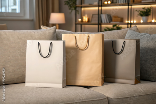 Three minimalist shopping bags standing upright on a cozy beige sofa in a modern home
