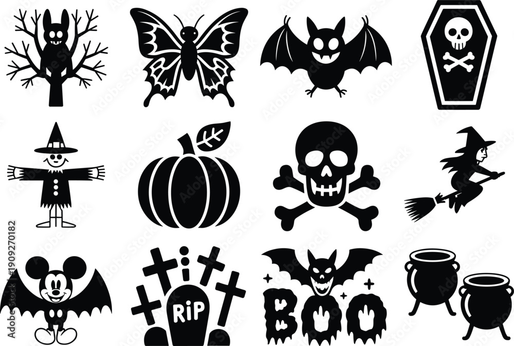 Obraz premium Halloween, spooky, icon, set, vector, illustration, black, silhouette, symbols, isolated, on, white, background