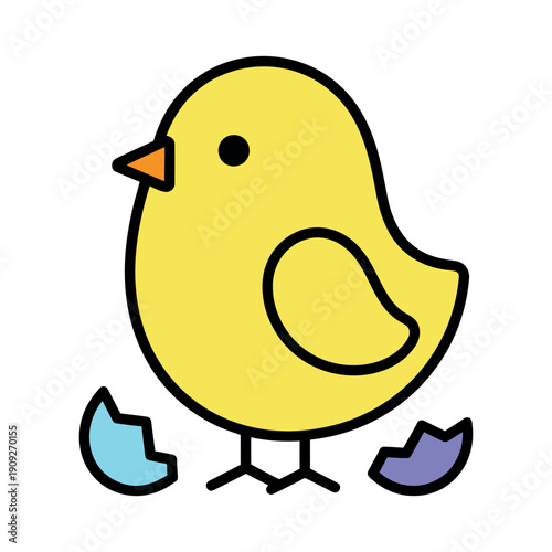 Cute yellow baby chick standing next to broken blue and purple eggshell fragments. Simple vector illustration of a new hatching.