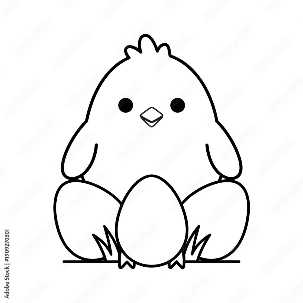 Fototapeta premium Easter chick and eggs line art illustration. A simple black and white drawing for holiday coloring activities and crafts.