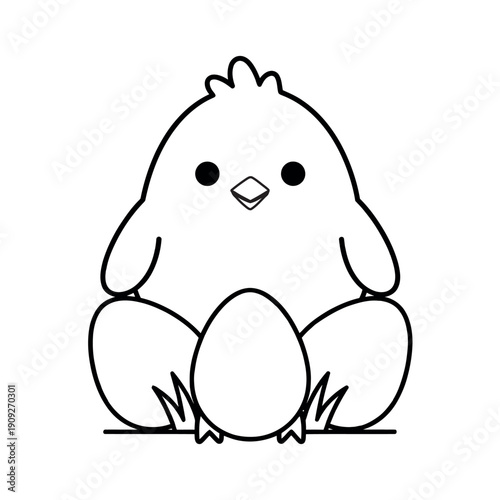 Easter chick and eggs line art illustration. A simple black and white drawing for holiday coloring activities and crafts.