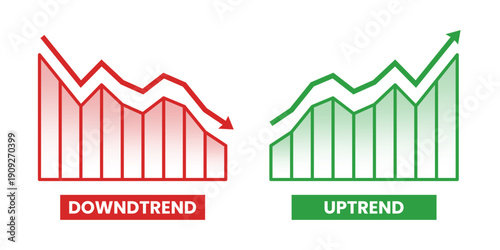 Uptrend and downtrend chart with rising arrow graph, business growth and success concept vector illustration.
