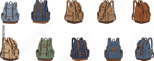 Collection of stylish backpacks illustration featuring vintage travel bags, hiking rucksacks, modern school packs isolated on white background set design