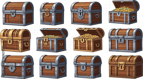 Collection of treasure chests wooden pirate storage boxes gold coins vintage fantasy illustration isolated on light background detailed design