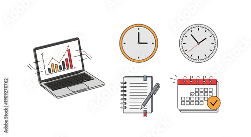 Business planning icons: laptop with graph, clocks, notebook, calendar. Time management concept.