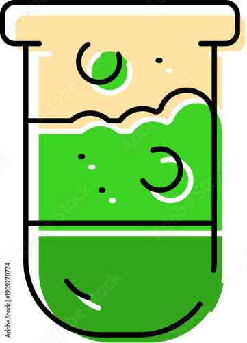 Test tube containing a vibrant green liquid with prominent bubbles and foam, symbolizing ongoing scientific research, discovery, experimentation, and chemical analysis in a laboratory setting