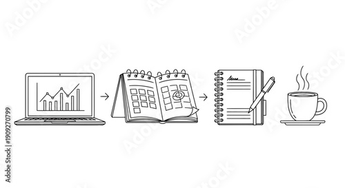 Business planning and workflow: laptop, calendar, notebook, coffee cup, icons