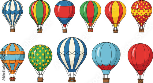Colorful hot air balloon collection featuring aviation festival travel adventure transport vector illustration isolated decorative flying tourism sky design