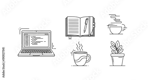 Work From Home Essentials: Laptop, Notebook, Coffee, and Plant Icons