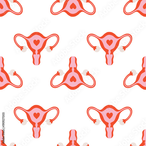 Simple background with woman reproductive system anatomy. Uterus Ovaries and Fallopian Tubes seamless pattern. Human internal organ structure for Women's Health Awareness.
