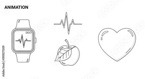 Smartwatch with Heartbeat, Apple, and Heart Icon - Health & Wellness Animation