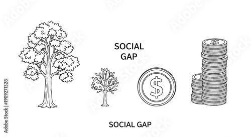 Social Gap Inequality: Big Tree vs Small Tree, Coin, Stack of Coins