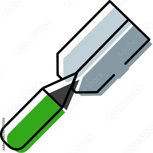 Trowel icon with green handle and gray blade on white background, minimalist flat vector symbol for gardening, planting, horticulture, diy, landscaping, and home maintenance tasks