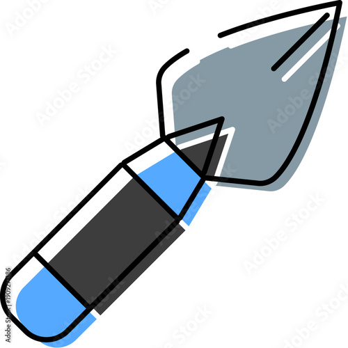 Blue gray trowel icon on white background representing construction, gardening, masonry and excavation workhand tool for digging, building, renovation, landscaping and earthmoving tasks