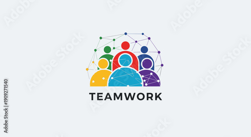 Teamwork logo with connected people and network graphic, symbolizing collaboration and unity